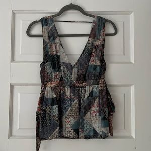 BCBG Maxazria blue and gold pattern tank top deep v cut